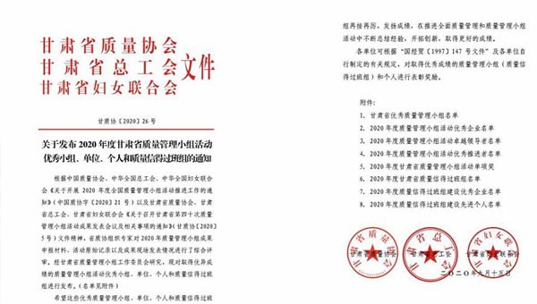 近日，甘肅省質量協會、甘肅省總工會、甘肅省婦女聯合會聯合發文表彰了2020年甘肅省優秀質量管理小組活動成果，隧道公司推薦申報的《研發一組濕陷性黃土路基施工高功效參數》《提高U型槽安裝的美觀度》和《
